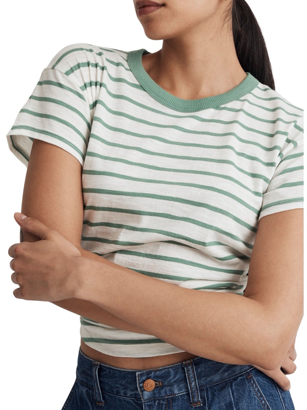 Madewell Striped Ringer Tee Preppy Green White Contrast Collar Slub Cotton Small